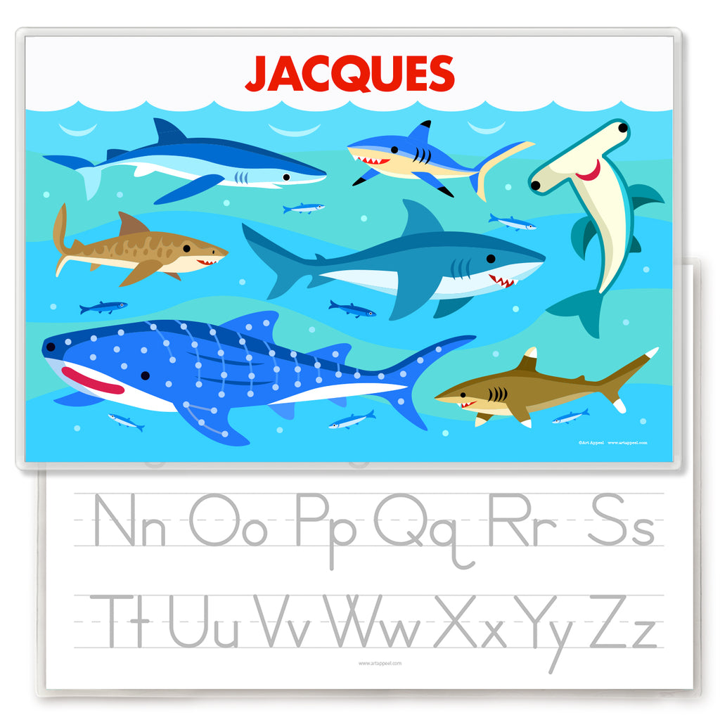 Art Appeel's personalized shark placemat for kids with vibrant ocean design, customizable name, and easy-to-clean, durable material. Perfect for Shark Week fun!