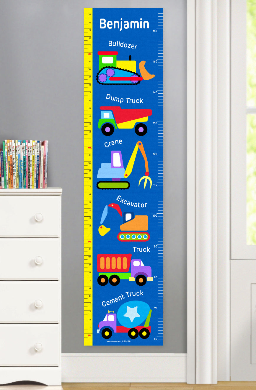 Construction Vehicles Personalized Kids Canvas Growth Chart – Art Appeel